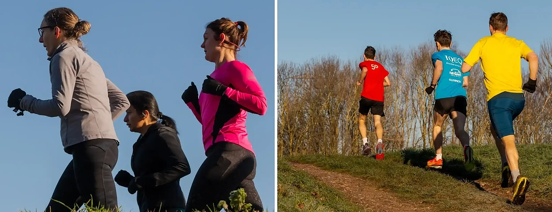 Commercial lifestyle photography featuring people running in a rural setting, during a destination branding shoot in Greater Manchester.