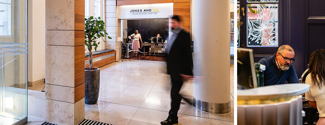 combination of two photos, reception area of building with person walking and a customer sat with optician