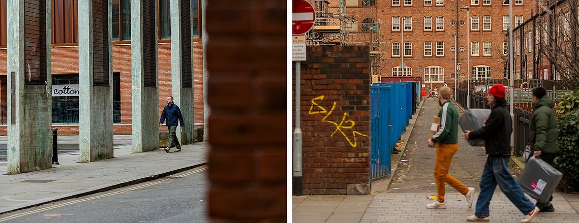 architecture and lifestyle photography, manchester street photography, people walking around streets in manchester