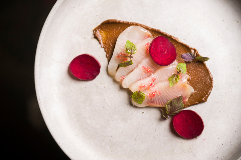 Mocan And Green Grout Restaurant. Nori-cured kingfish, black garlic and fingerlime. Photo: Dion Georgopoulos