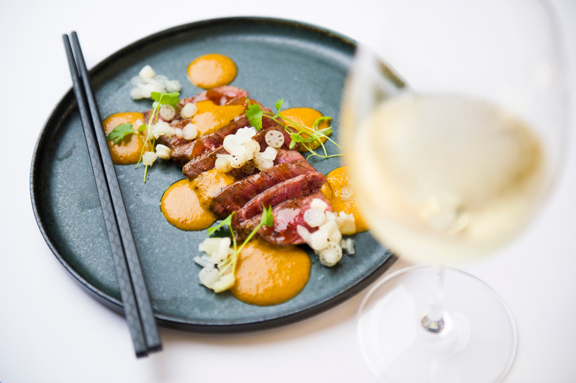Good food review Laterne Room Restaurant 2019. Vindaloo steak tataki, soy smoked egg yolk, pickled baby lotus root. Photo: Dion Georgopoulos