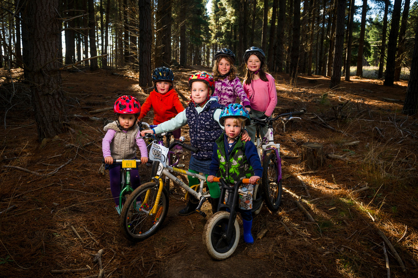 (From Left) Bike riders Evelyn hill 3, Curtis Gant-Davison 4, Isla Hannah 4, Gemma Gant-Davison 8, Theo Hannah 2, and Isabel Young 8. Photo: Dion Georgopoulos
