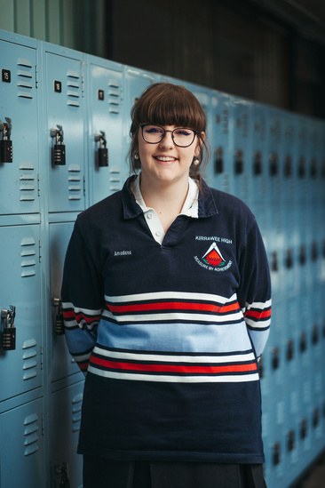 Year 12 high school Student Amadene Edwards 18 at Kirrawee High School is relieved to have finished their HSC economics exam, Thursday 19th of October 2023. Photo: Dion Georgopoulos / The Sydney Morning Herald