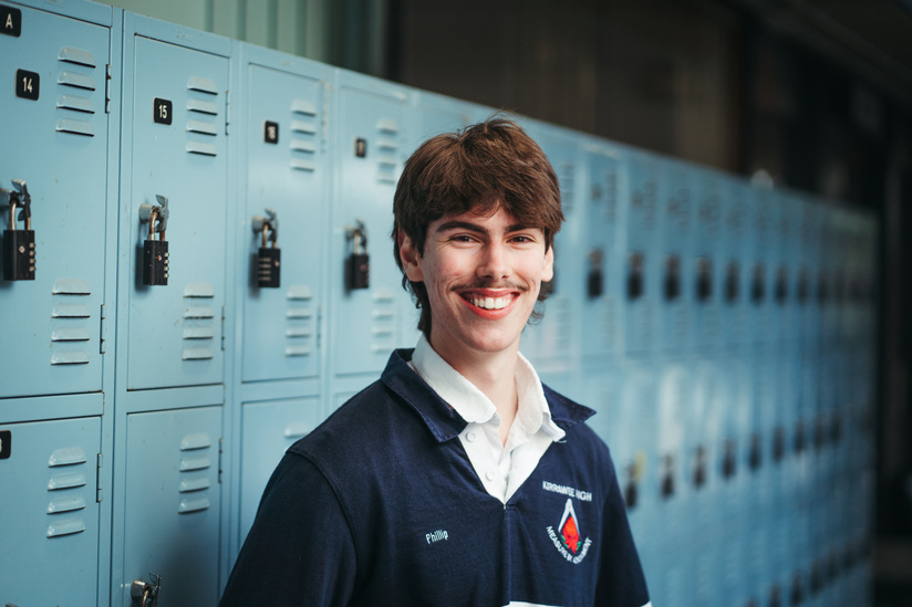 Year 12 high school Student Phillip Bova 17 at Kirrawee High School is relieved to have finished their HSC economics exam, Thursday 19th of October 2023. Photo: Dion Georgopoulos / The Sydney Morning Herald