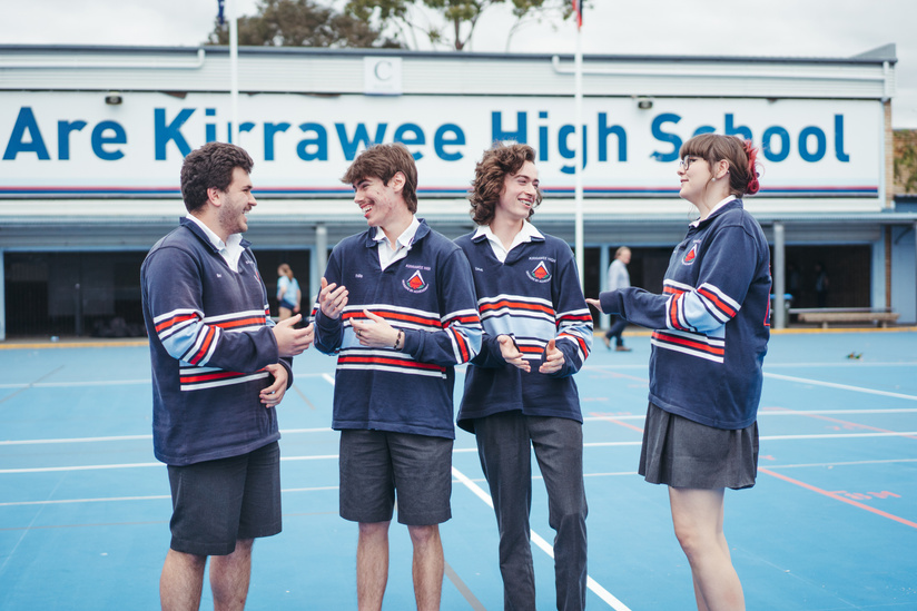 Year 12 high school students Maxim Goloubev 17, Phillip Bova 17, Lindsay Scott 17, and Amadene Edwards 18 at Kirrawee High School are relieved to have finished their HSC economics exam, Thursday 19th of October 2023. Photo: Dion Georgopoulos / The Sydney