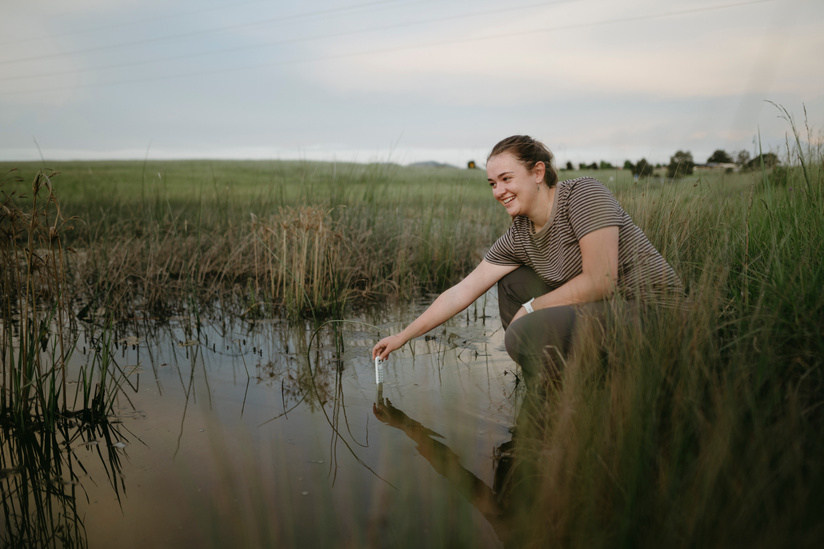 ANU students Isabella Howard conducts a water temperature test during frog watching at the Macgregor wetlands. Picture: Dion Georgopoulos - THE CANBERRA TIMES, ACM