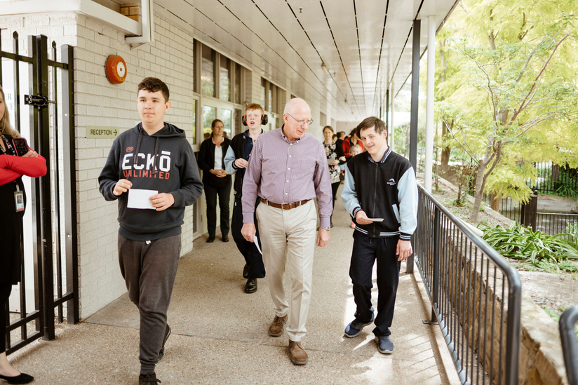 Governor General David Hurley at the Black Mountain School special needs school with students participating in the Peer Support student welbeing initiative Talk-and-Walk-a-Thon. Picture: Dion Georgopoulos - THE CANBERRA TIMES, ACM