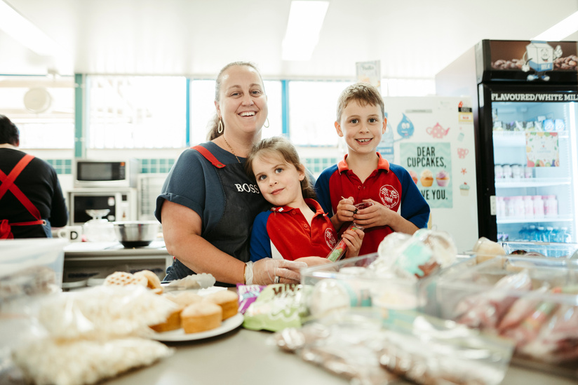Canteen manager Kim Todd with her children Chelsea Todd 5, and Cooper Todd 8 at Miles Franklin Primary School canteen. Picture: Dion Georgopoulos - THE CANBERRA TIMES, ACM
