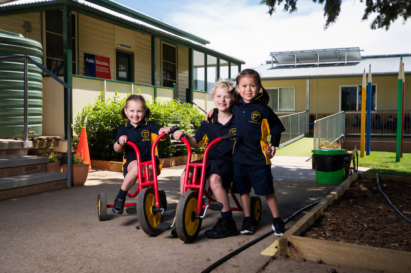 Students Neve Green, Sophie Higgins and Sophie Hernaman from Michelago Public School are preparing to celebrate the schools 150 years. Photo: Dion Georgopoulos