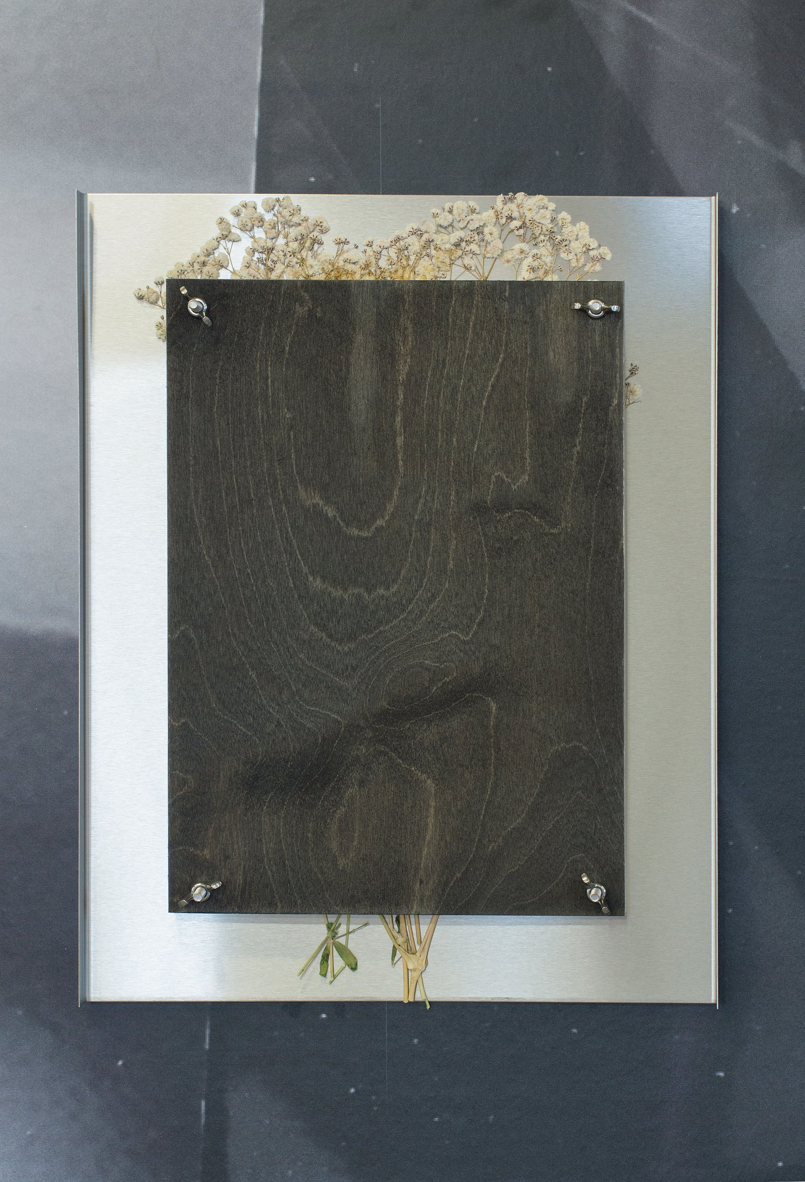 A rectangular stainless steel and plywood sculpture with dried flowers pressed between. Jamie Kane