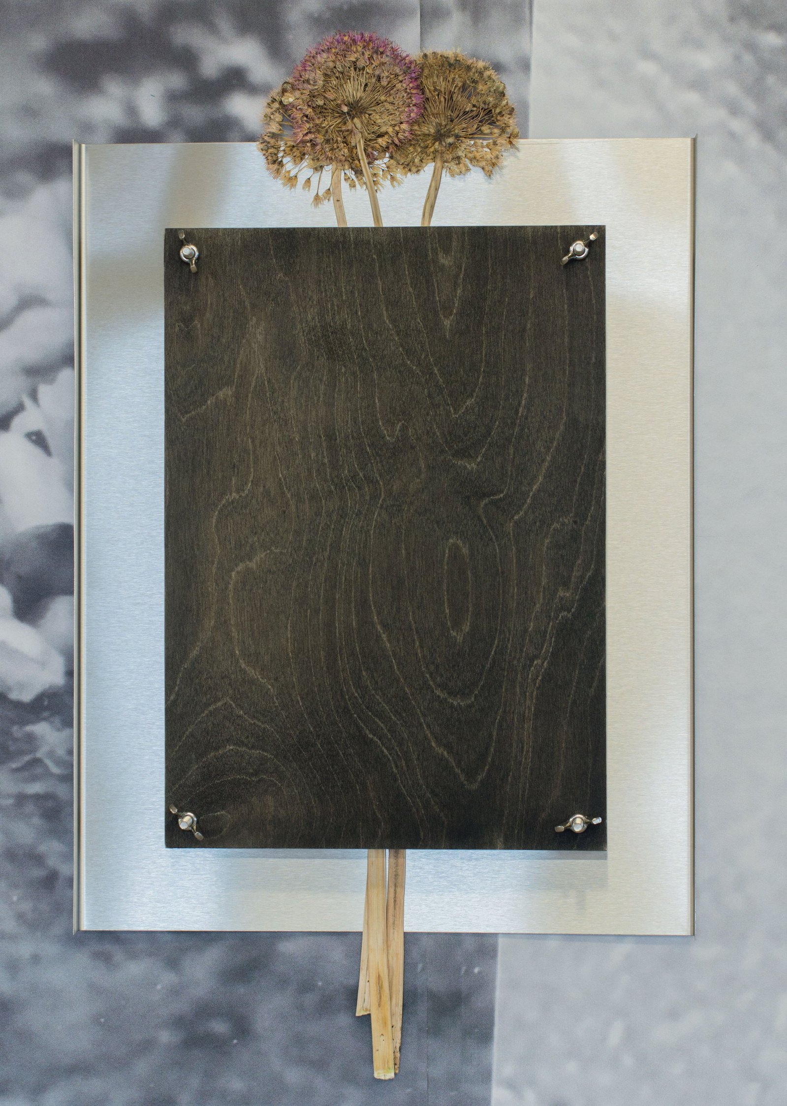 A rectangular stainless steel and plywood sculpture with dried flowers pressed between. Jamie Kane