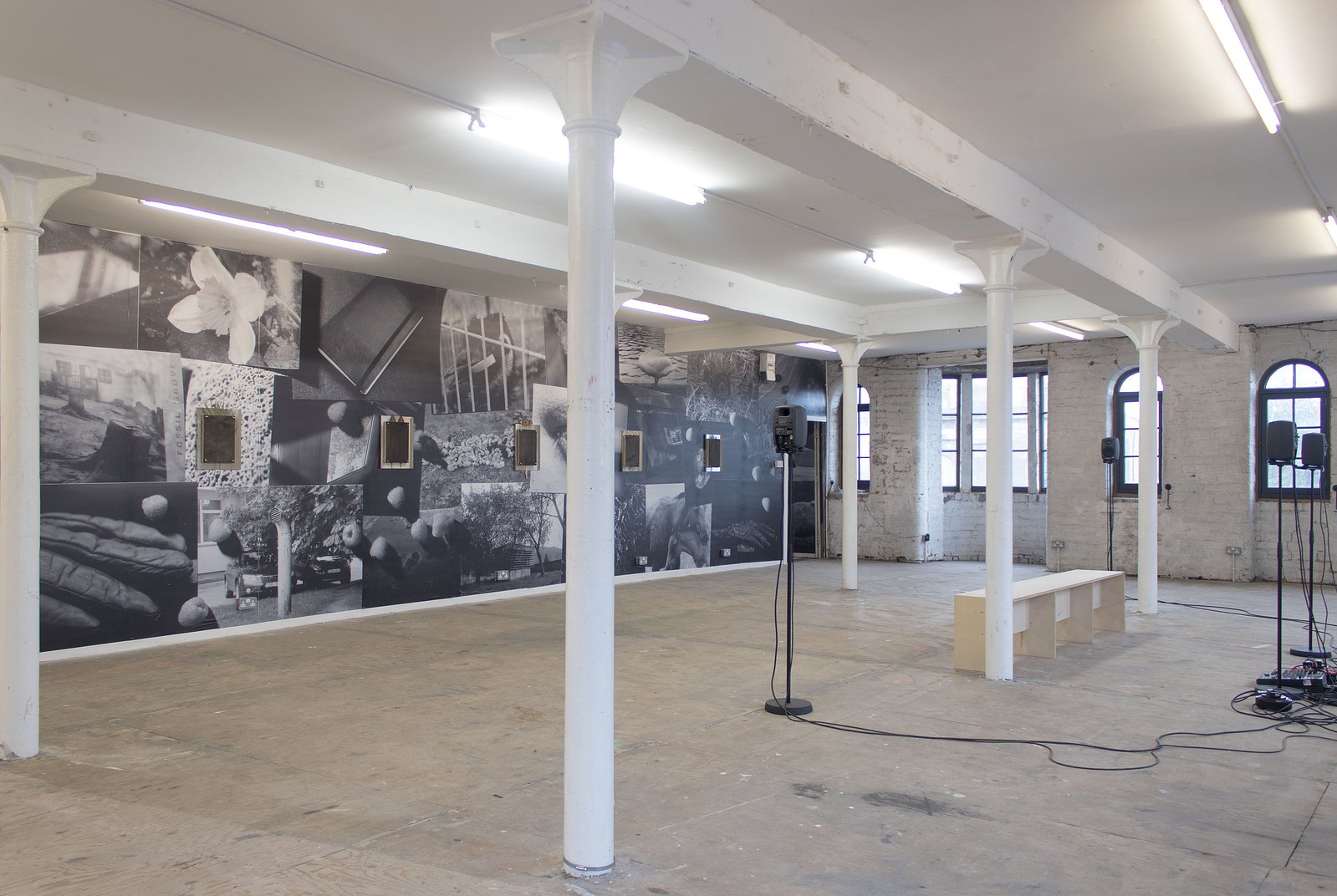 Room with white pillars, the floor is plywood. Along the length of the wall is a black and white floor to ceiling print containing multiple photographic images and large raspberries. Rectangular metal and wood sculptures hang on the wall. Jamie Kane