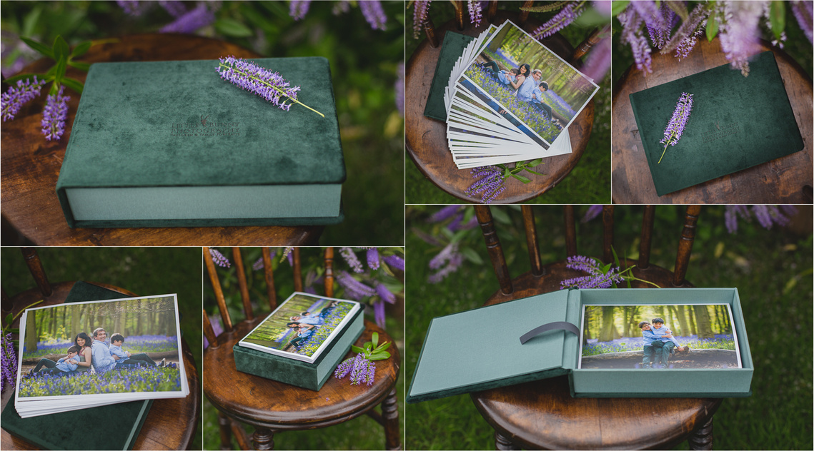 Gorgeous Box with Silk prints with Bluebell family photos.
Maternity/baby/child/family Mini Bluebell portrait sessions in Essex and London