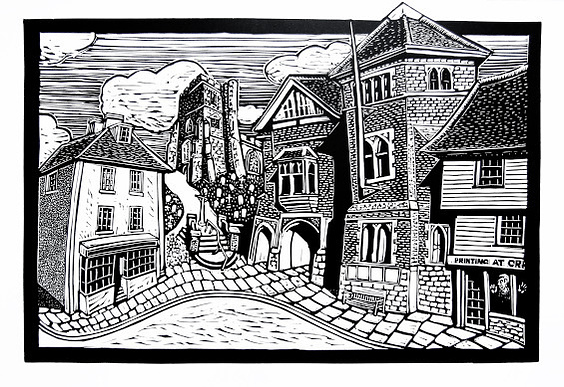 Vestry Hall Stone Street Corner, Linocut