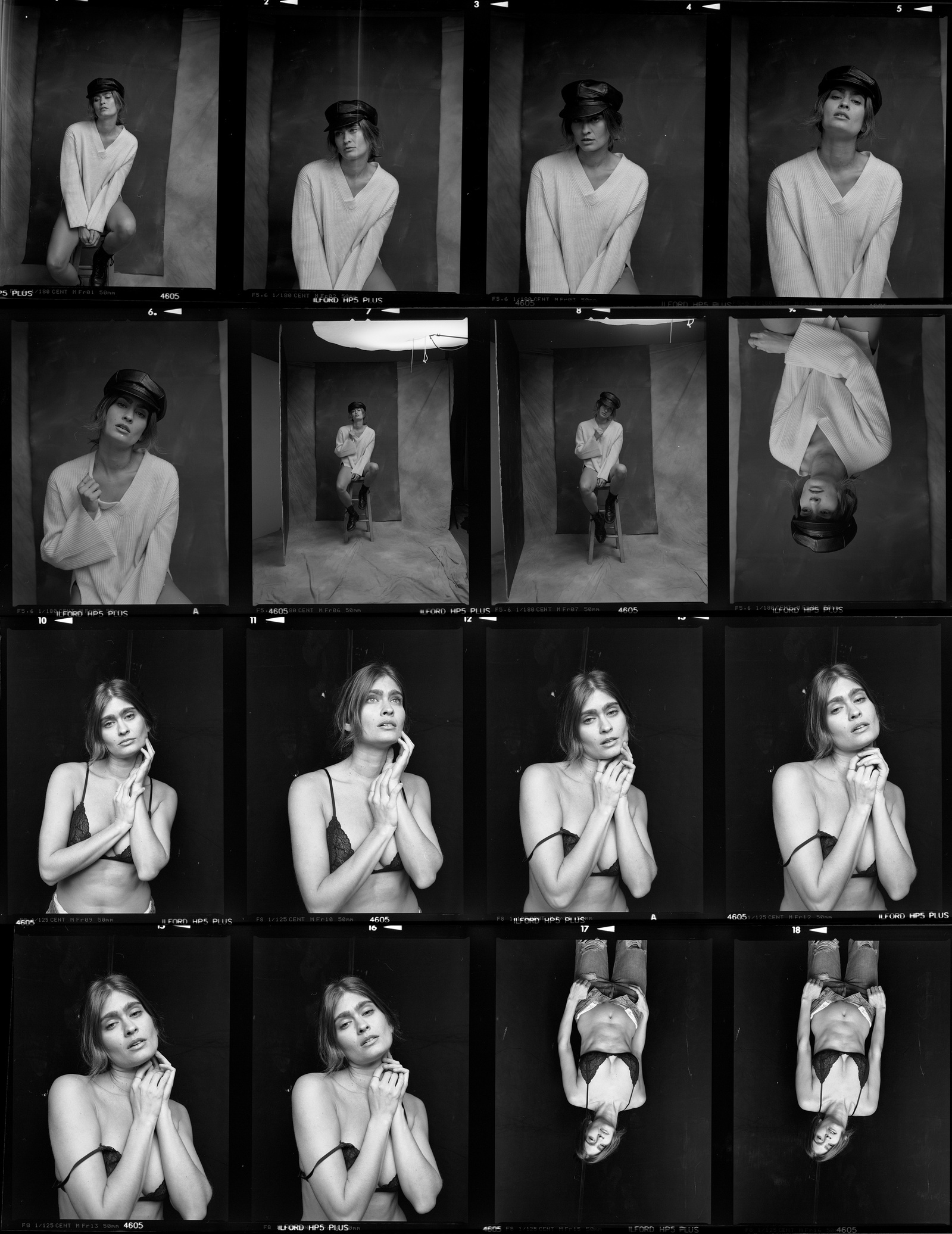 Black and white contact sheet of a model