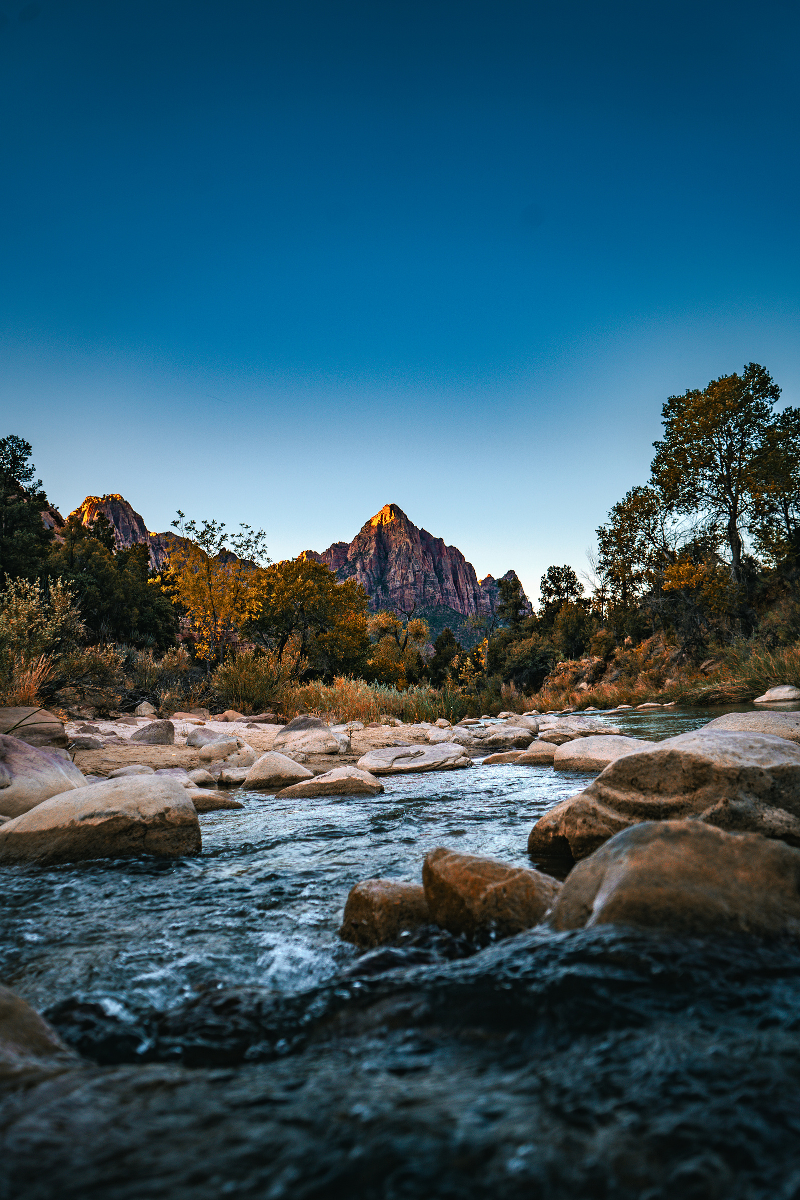 The Watchmen in Zion National Park at sunrise.