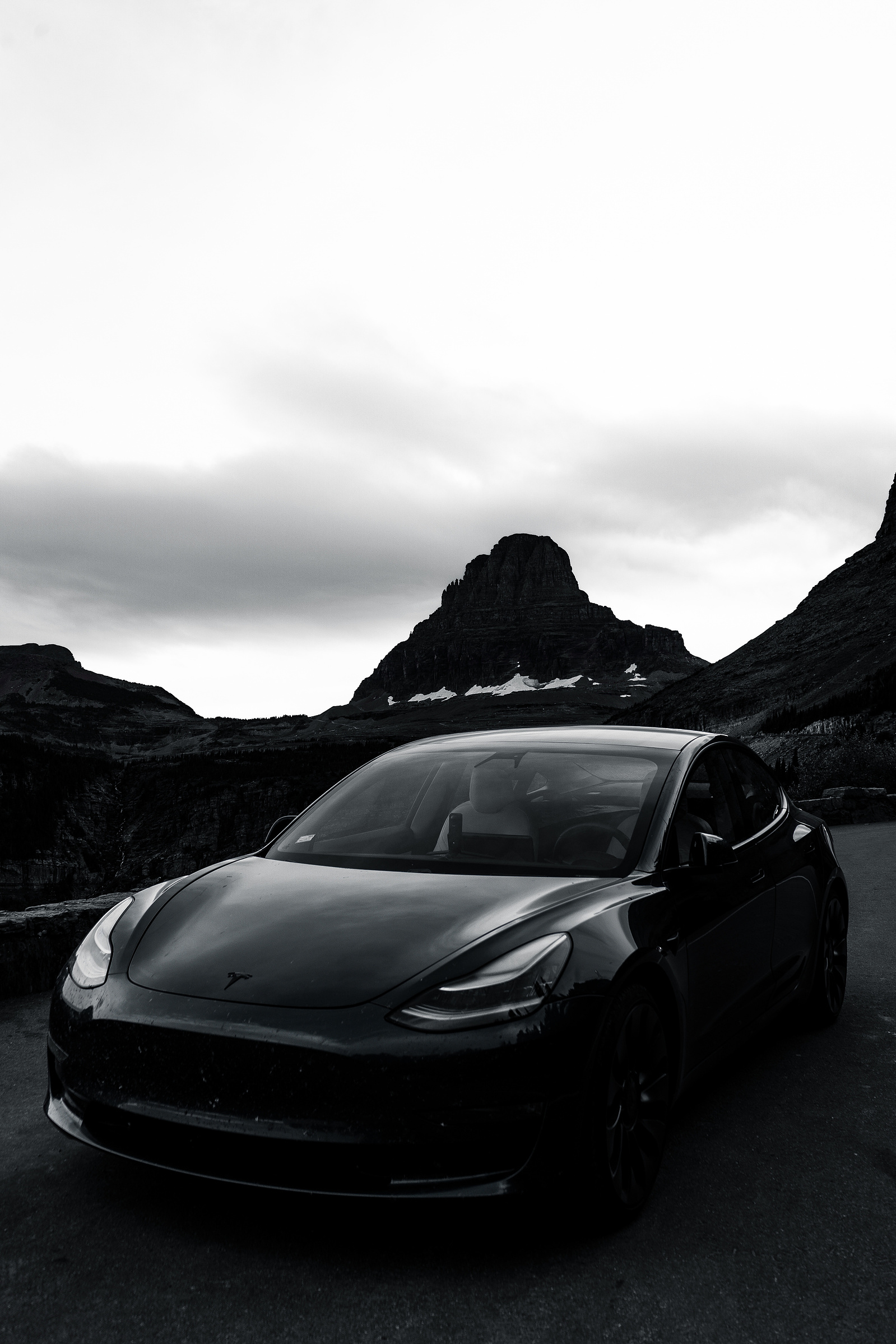 A Tesla Model 3 in Glacier National Park, Montana.