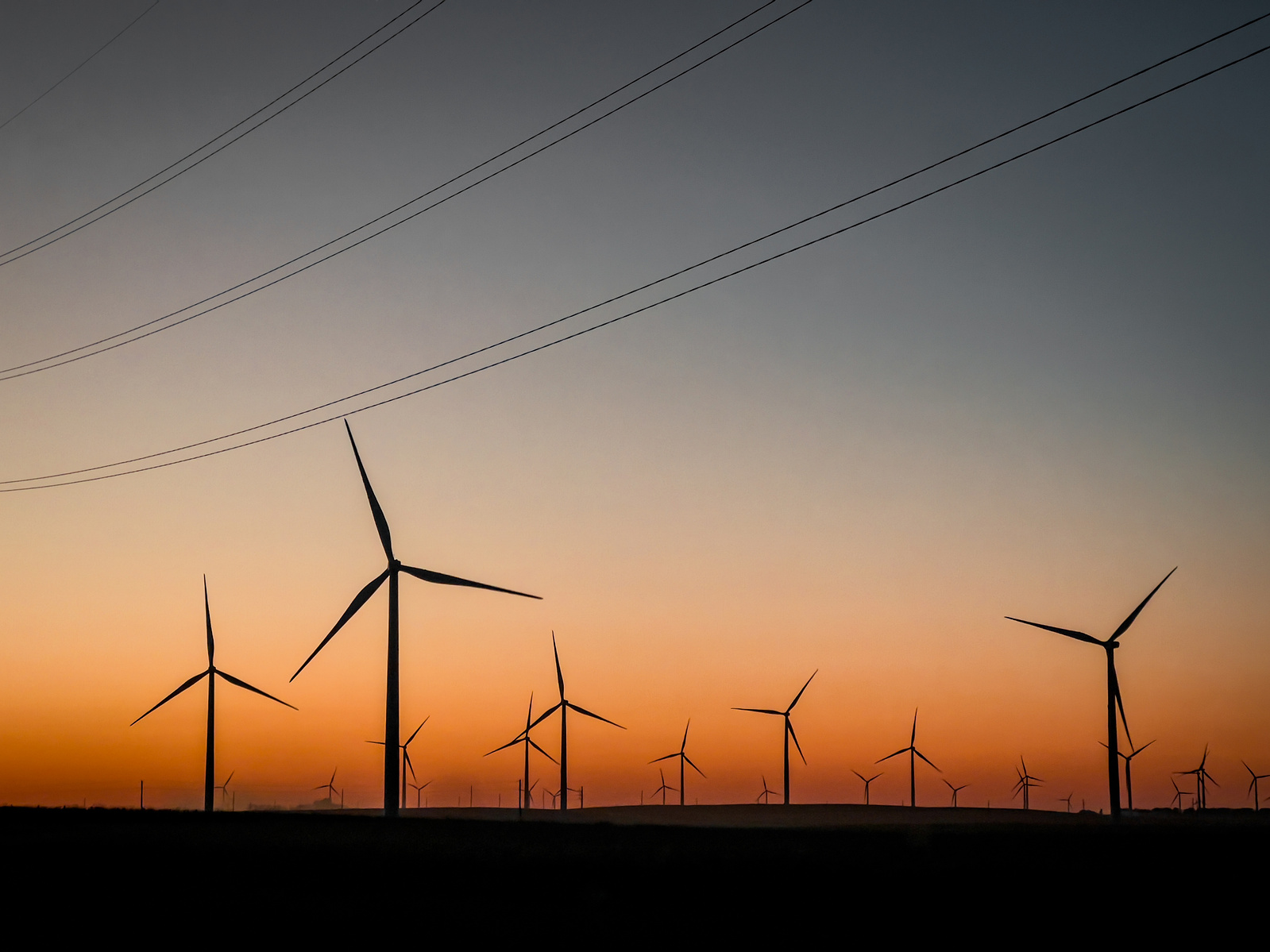 A wind farm at sunset in South Dakota.