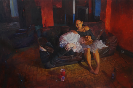 Warmly-lit oil painting of a figure in a white dress holding a figure in a ruffled shirt in a large, red, room.