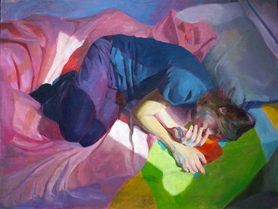 Oil painting of a figure lying down in a patch of sunlight on a bed with pink sheets.
