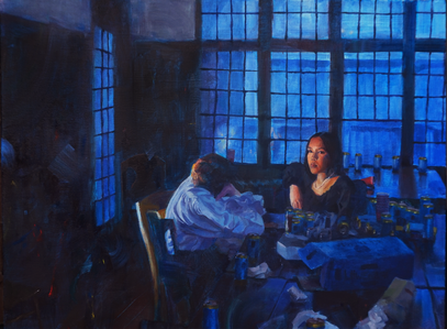 Cool-lit oil painting of two figures gazing at each other.