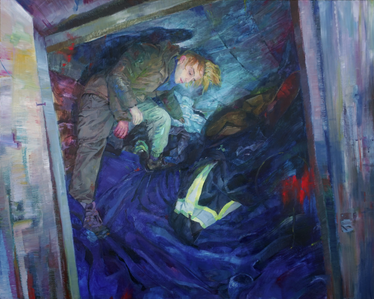 Disorienting oil painting of a boy with bleached blonde hair and a green coat climbing a blue pile of fabric in a harshly-lit shed.