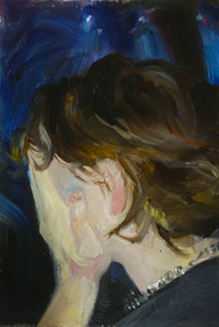 Oil painting of a figure covering their face, lit with flash in a dark room.