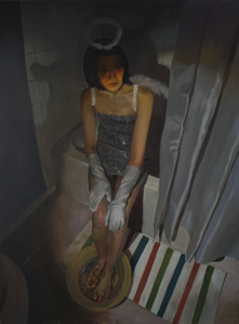Oil painting of a girl dressed as an angel in the bathroom soaking her feet in a basin.