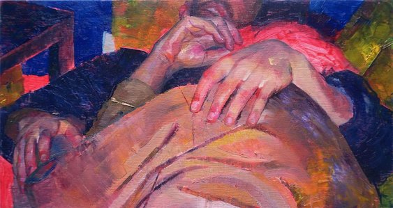 Oil painting with vibrant, neon colours creating a patchwork of hands and fabric.