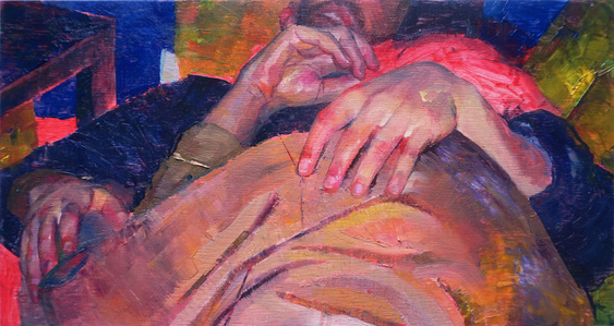 Oil painting with vibrant, neon colours creating a patchwork of hands and fabric.