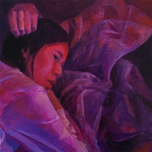 Oil painting of a girl holding her head against tulle fabric in pink light.
