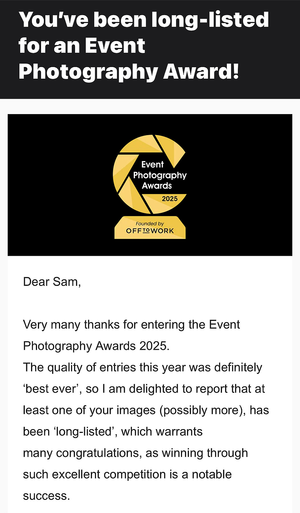 Event Photography Awards long-list email