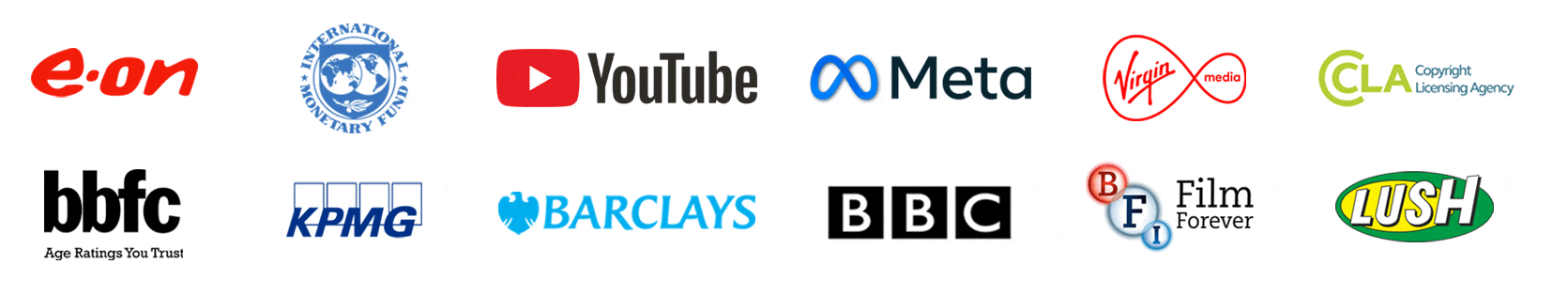 Logos of Corporate Photography Client List  including Barclays,  Meta, YouTube, BBC and IMF