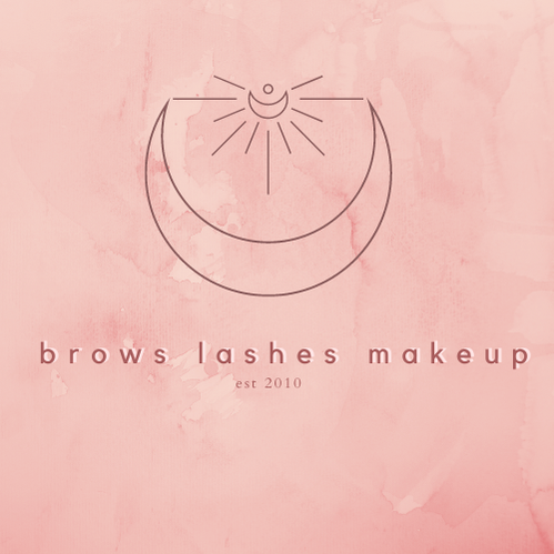 Brows, lashes, makeup Logo. Est. 2010. Blush pink watercolour background with crescent moon and lunar pattern. 