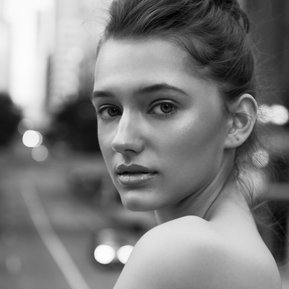 Model Ashley Hallerton in black and white image, photographed by Rohan James Photography, Adelaide Street, Brisbane City, dewy ecommerce makeup and hairstyling by Carly Stone Hair and Makeup