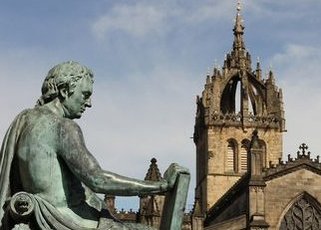 Royal Mile, Edinburgh. Hume statue - presented in an absurd Greek toga - he lived in 18th Century Edinburgh!