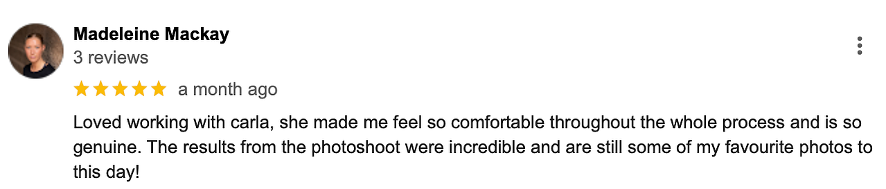 Positive review screenshot about the experience with Carla Marcia Photography. 
