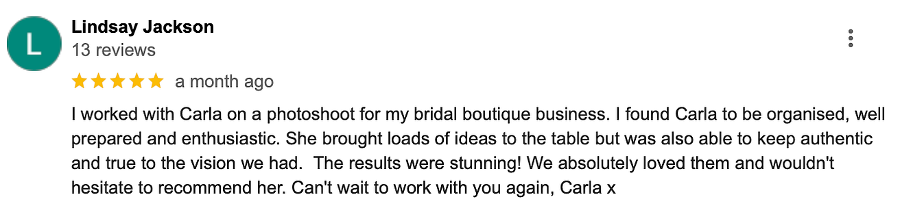 A screenshot of a review a happy customer left for Carla Marcia Photography's website. 