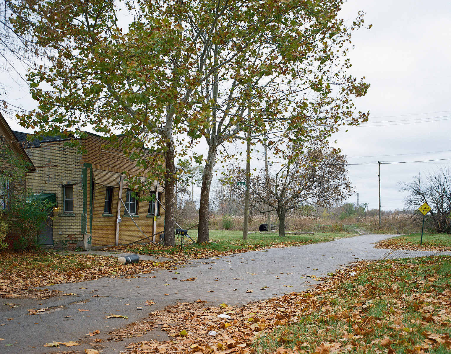 A brick paved street in Delray with abandoned houses