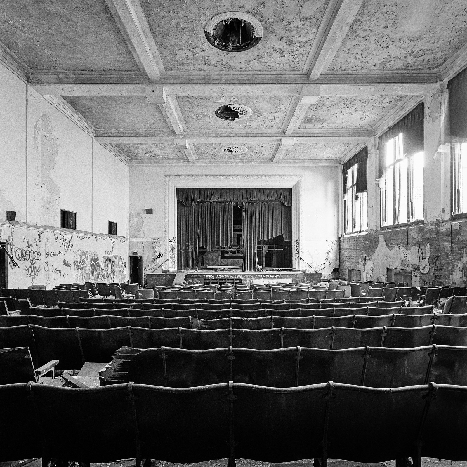 Crockett Auditorium Detroit black and white abandoned