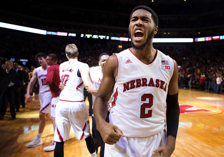 Nebraska forward Jeriah Horne (2), celebrates the double overtime win over Iowa at Pinnacle Bank Arena on Thursday, Jan. 5, 2017, in Lincoln, Neb. The Huskers are starting conference play 3-0 for the first time in 41 years. MEGAN FARMER/THE WORLD-HERALD