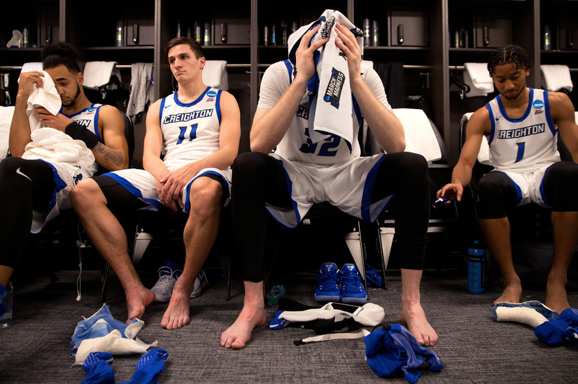 Creighton's Toby Hegner (32), reacts to the loss to Rhode Island in the locker room after the first round game of the 2017 NCAA Division I Men's Basketball Championship on Friday, March 17, 2017, at the Golden 1 Center in Sacramento, California. MEGAN FAR