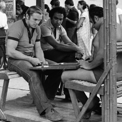 Playing backgammon by the shore in Sochi.