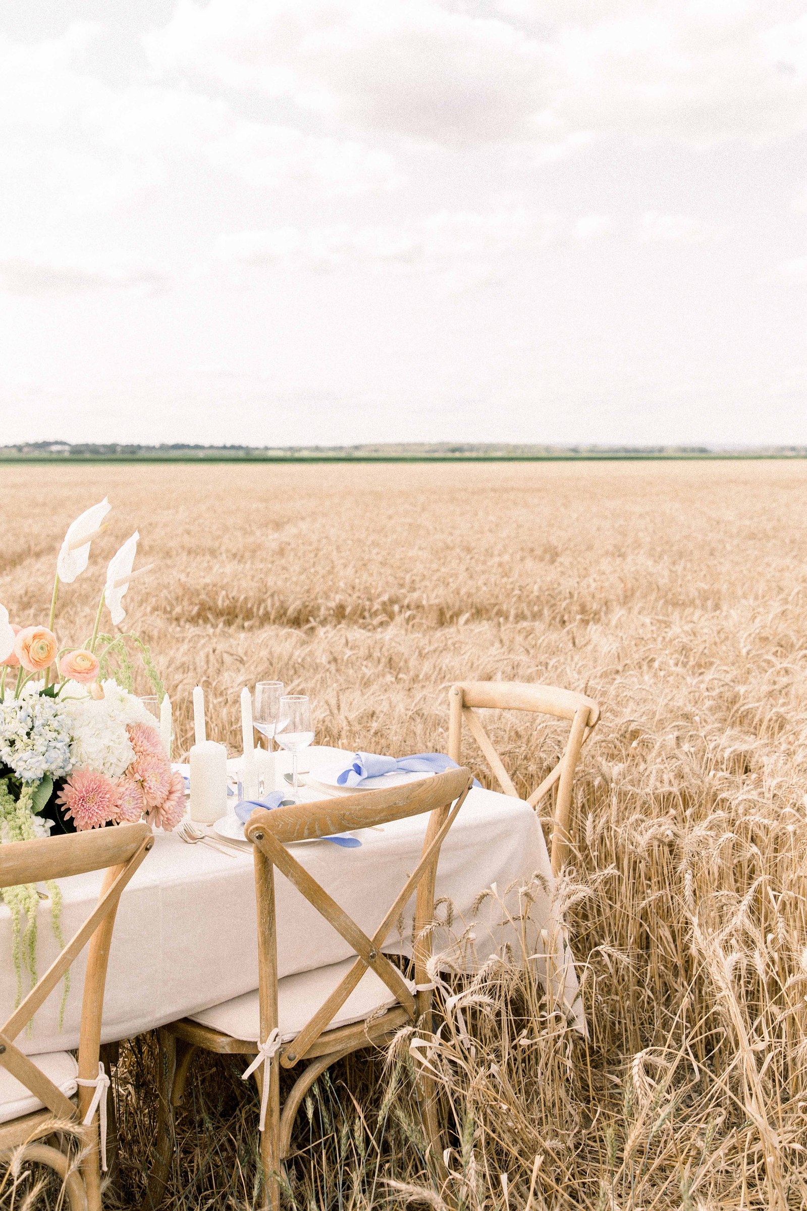 Photo of a table setting in a wheat field in Rigaud, Quebec. Emily VanderBeek Photography. Montreal Photographer. Light & Airy photographer.