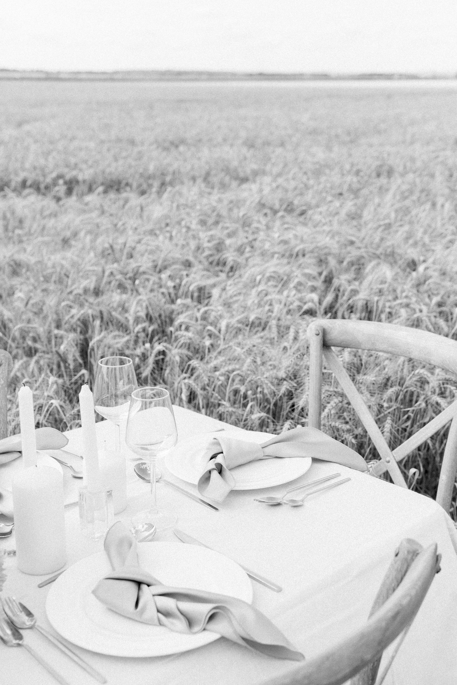 Black & white photo of a table setting in a wheat field in Rigaud, Quebec. Emily VanderBeek Photography. Montreal Photographer. Light & Airy photographer.