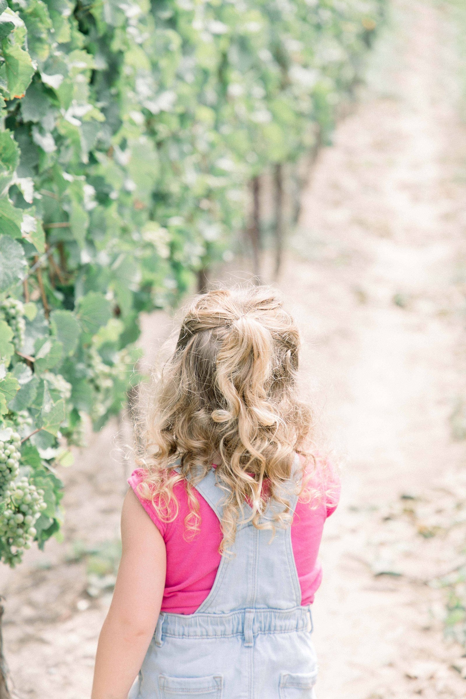Portrait of a little girl standing in a vineyard, looking away from the camera. Niagara family photographer, Niagara family photography, Niagara portrait photographer, Niagara portrait photography.