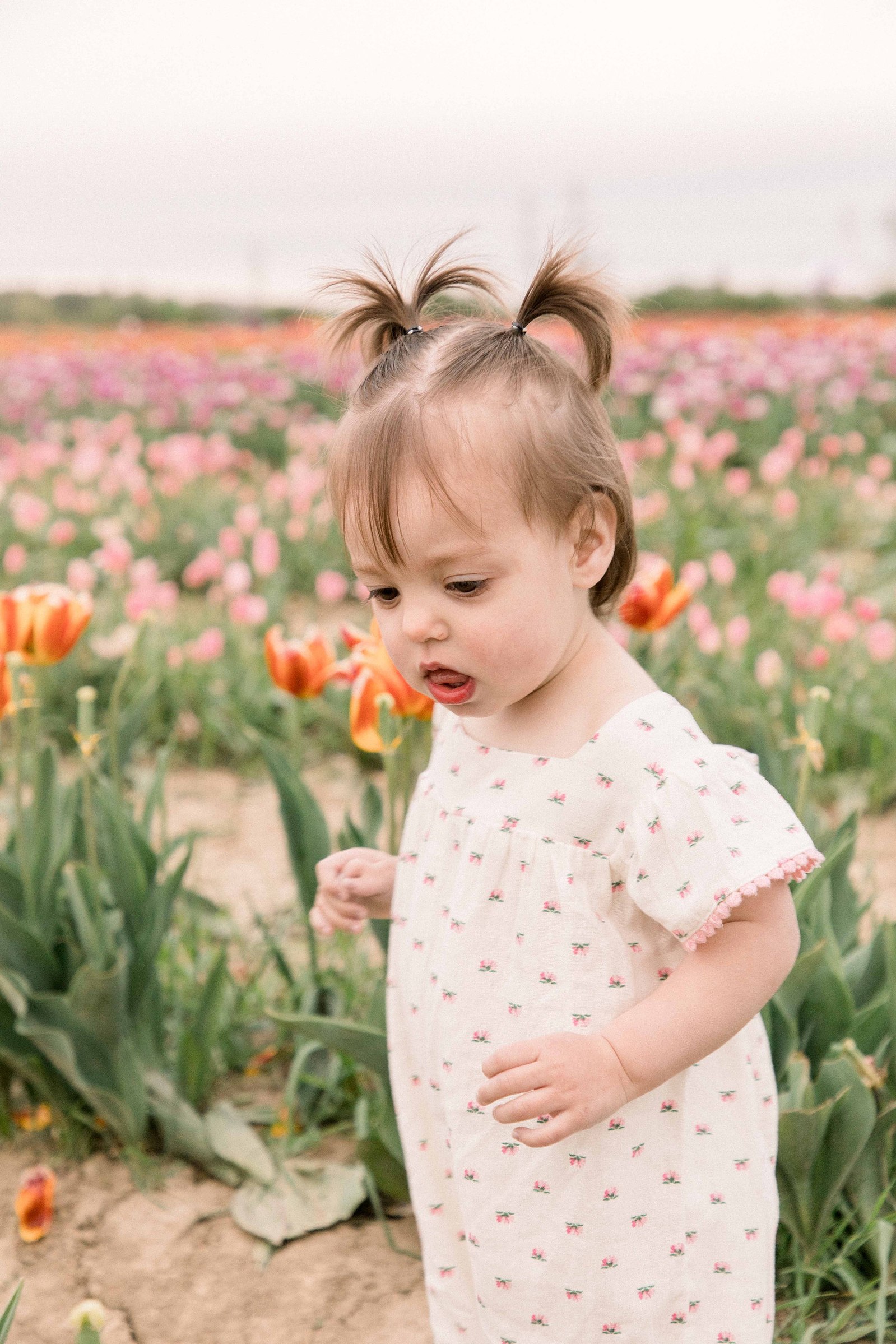 Portrait of a little girl at a tulip field in Niagara. Niagara portrait photographer. Niagara family photographer. Niagara photographer. Emily VanderBeek Photography. Candid photography. Light and airy photography