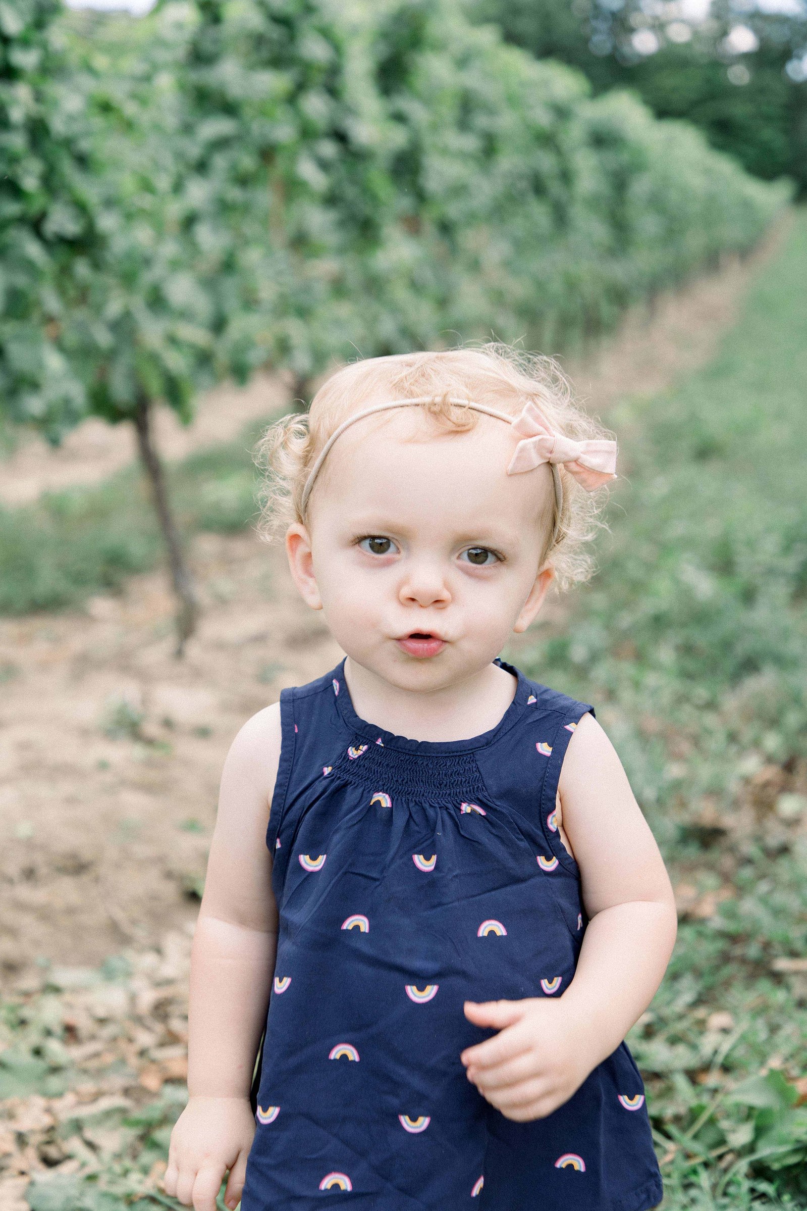 Portrait of little girl standing in a vineyard, looking at the camera. Niagara family photographer, Niagara family photography, Niagara portrait photographer, Niagara portrait photography.