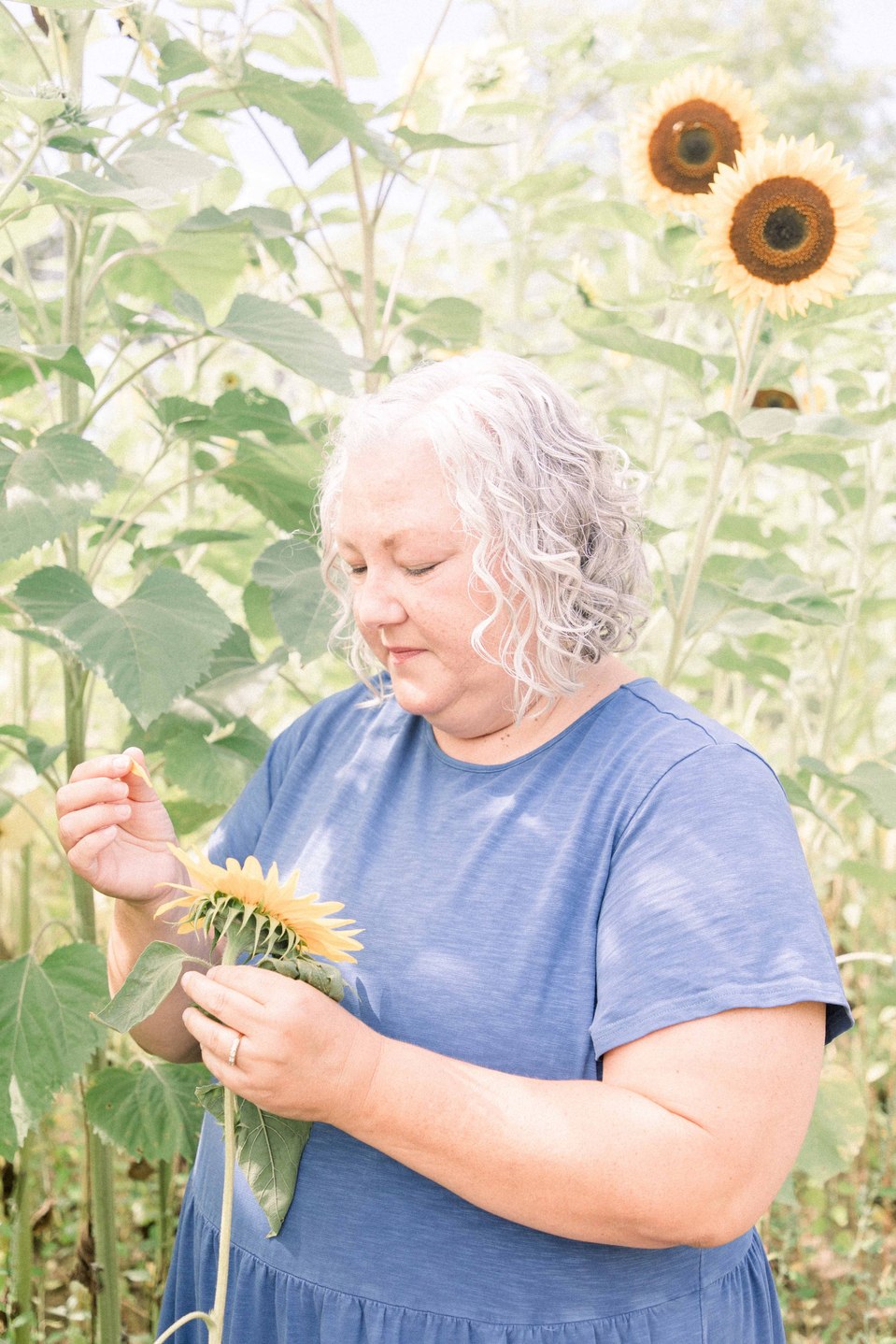 Portrait of woman holding flowers in a sunflower field, Niagara family photographer, family photography, Niagara portrait photographer, portrait photography, Emily VanderBeek Photography.