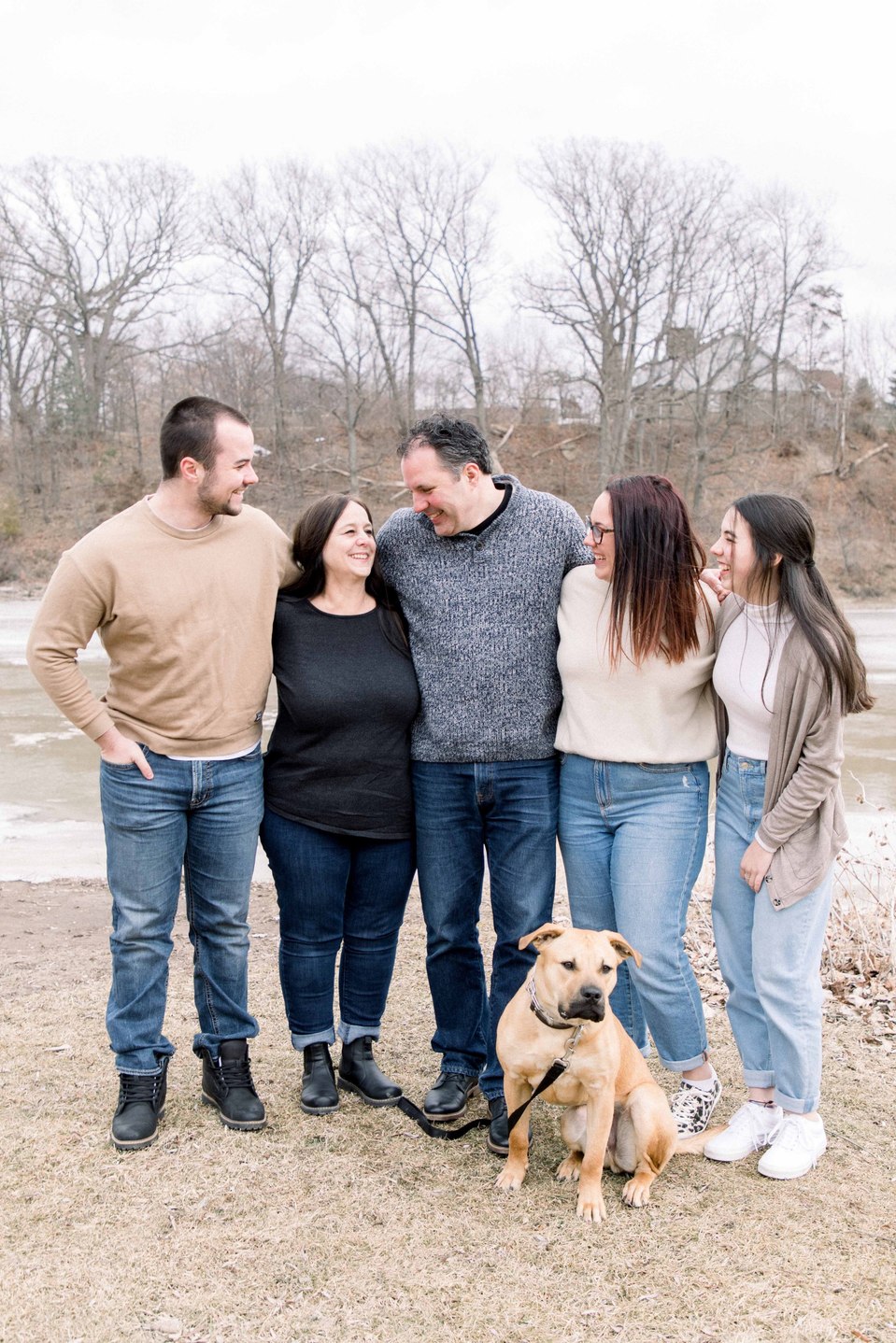 Family photo with dog by the water, Niagara family photographer, family photography, Niagara portrait photographer, portrait photography, Emily VanderBeek Photography.